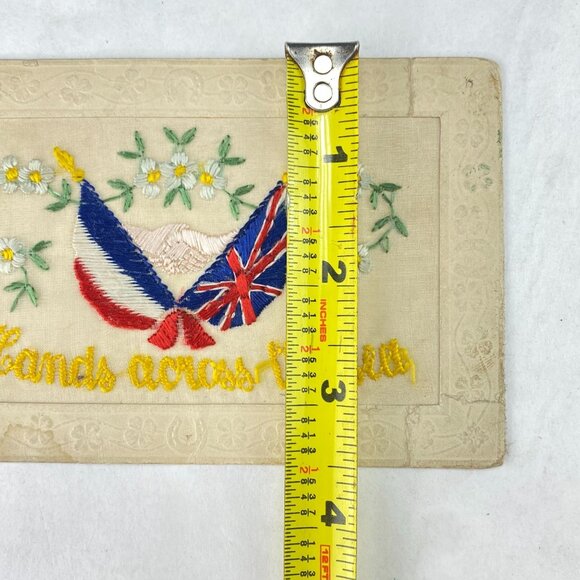 Vintage Hands Across The Sea Embroidered Postcard France and Union Jack Flags - Picture 10 of 10